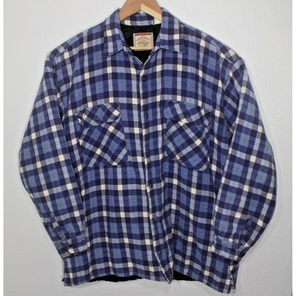 Sierra Pacific Mens L Blue Plaid Flannel Shacket Black Quilted Lining Grunge